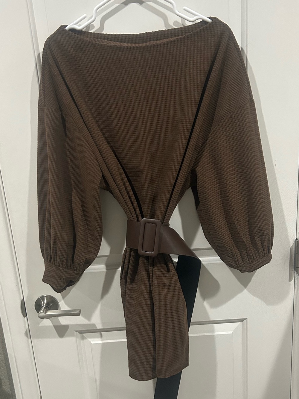 Brown Waffle-Knit Belted Women's Dress